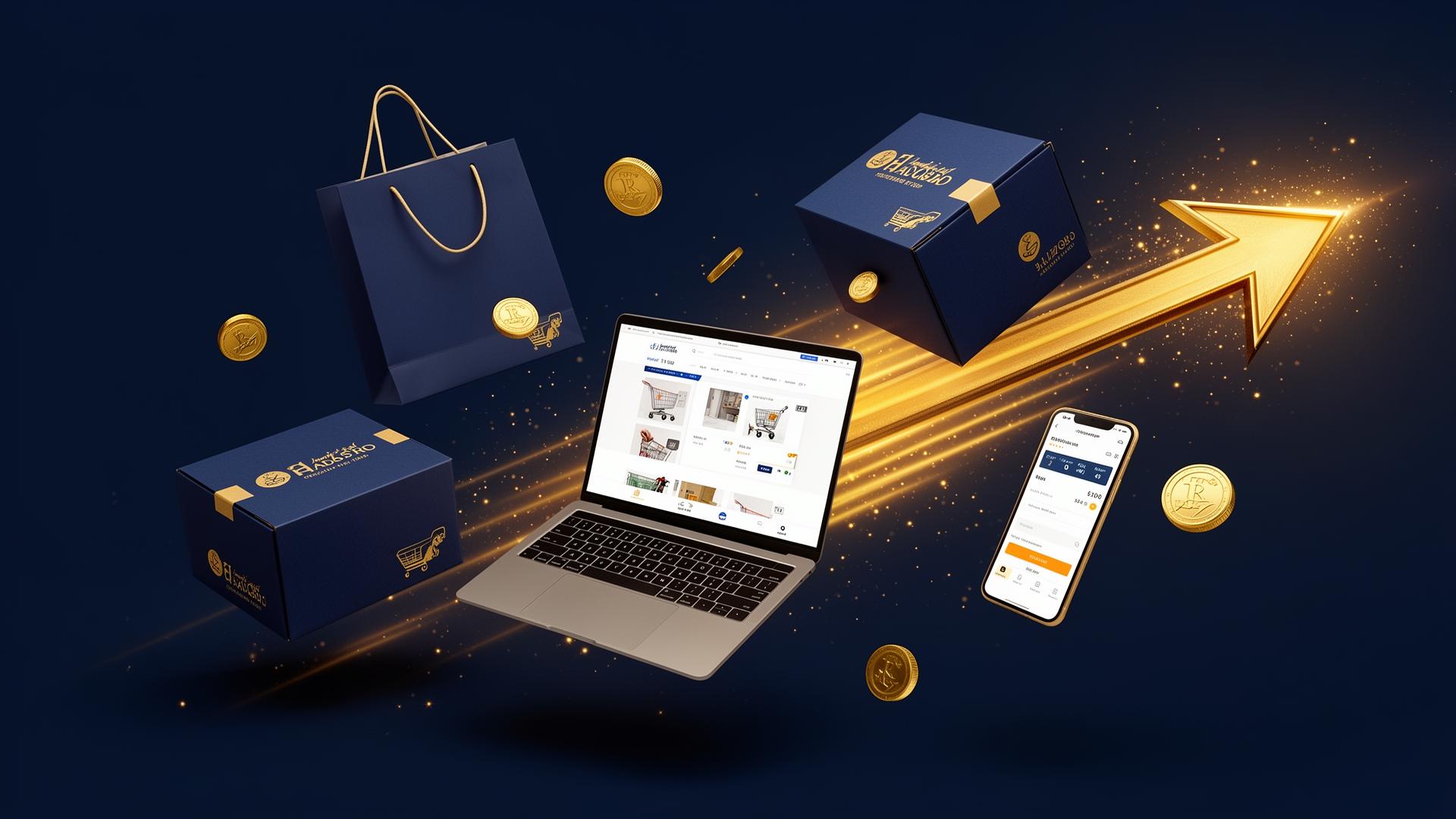 E-commerce packages, devices and golden growth arrow